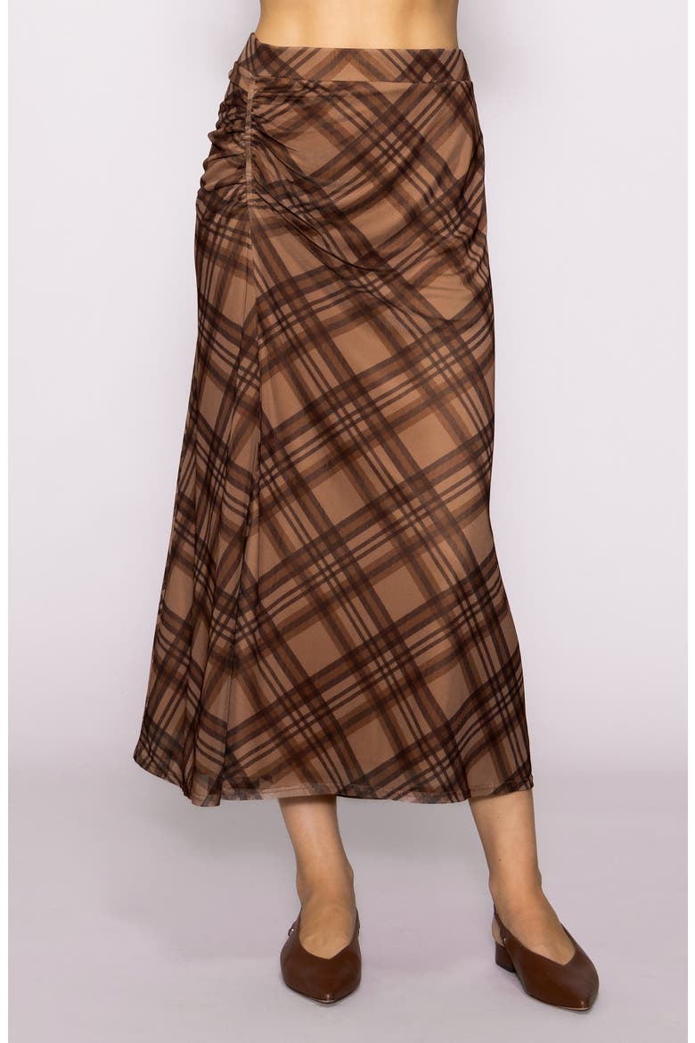 Side Ruched Plaid Mesh Skirt, Main, color, BROWN