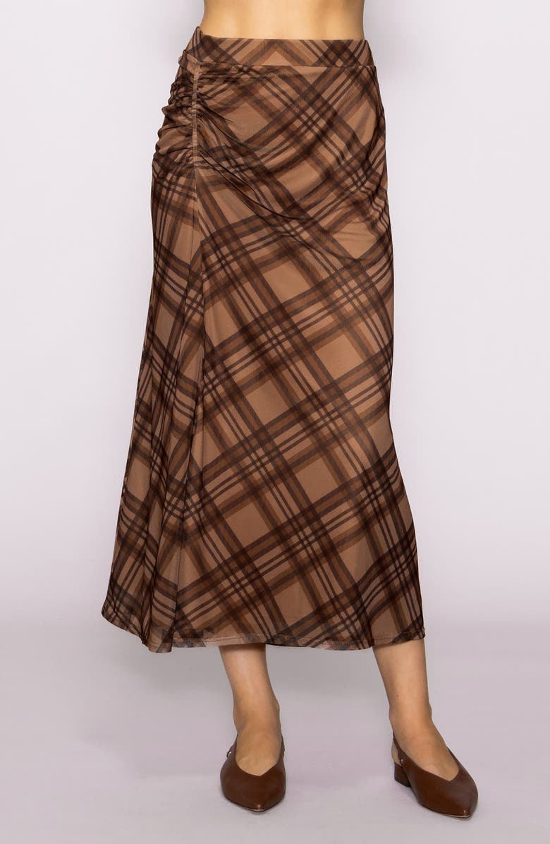 MELLODAY Side Ruched Plaid Mesh Skirt, Main, color, Brown