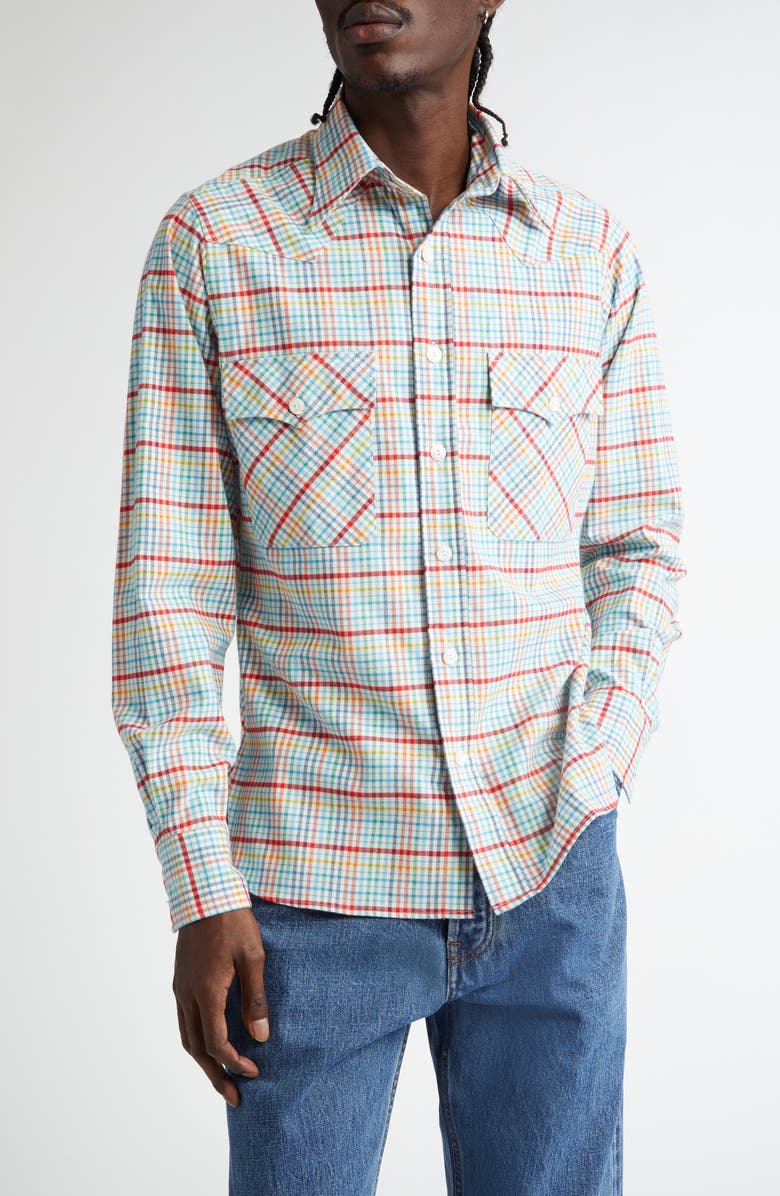 Drake's Brushed Tablecloth Check Western Shirt, Main, color,