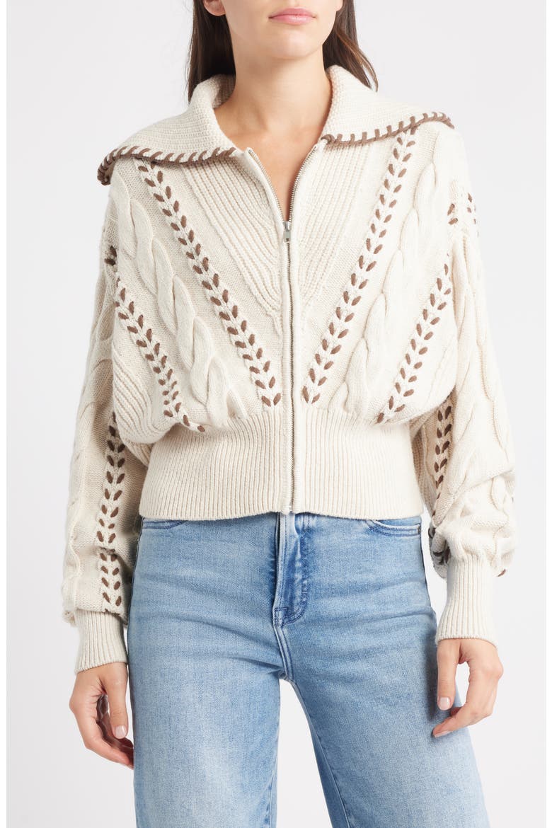 Lune Whipstitch Detail Cotton Blend Bomber Sweater, Main, color, OATMEAL BROWN WHIP STITCH