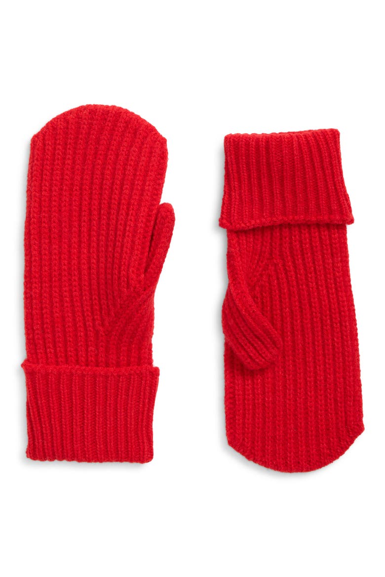 Rib Knit Cuffed Mittens, Main, color, RED