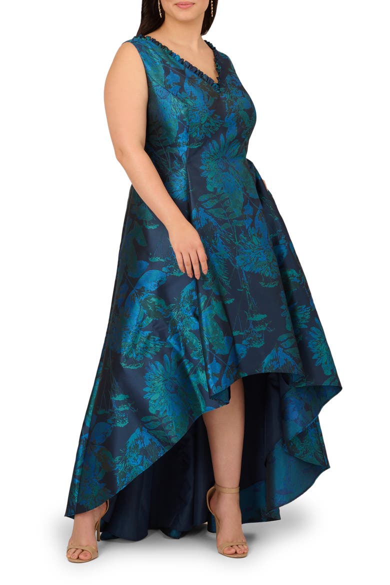 Floral Jacquard High-Low Fit & Flare Cocktail Dress, Alternate, color, COBALT MULTI