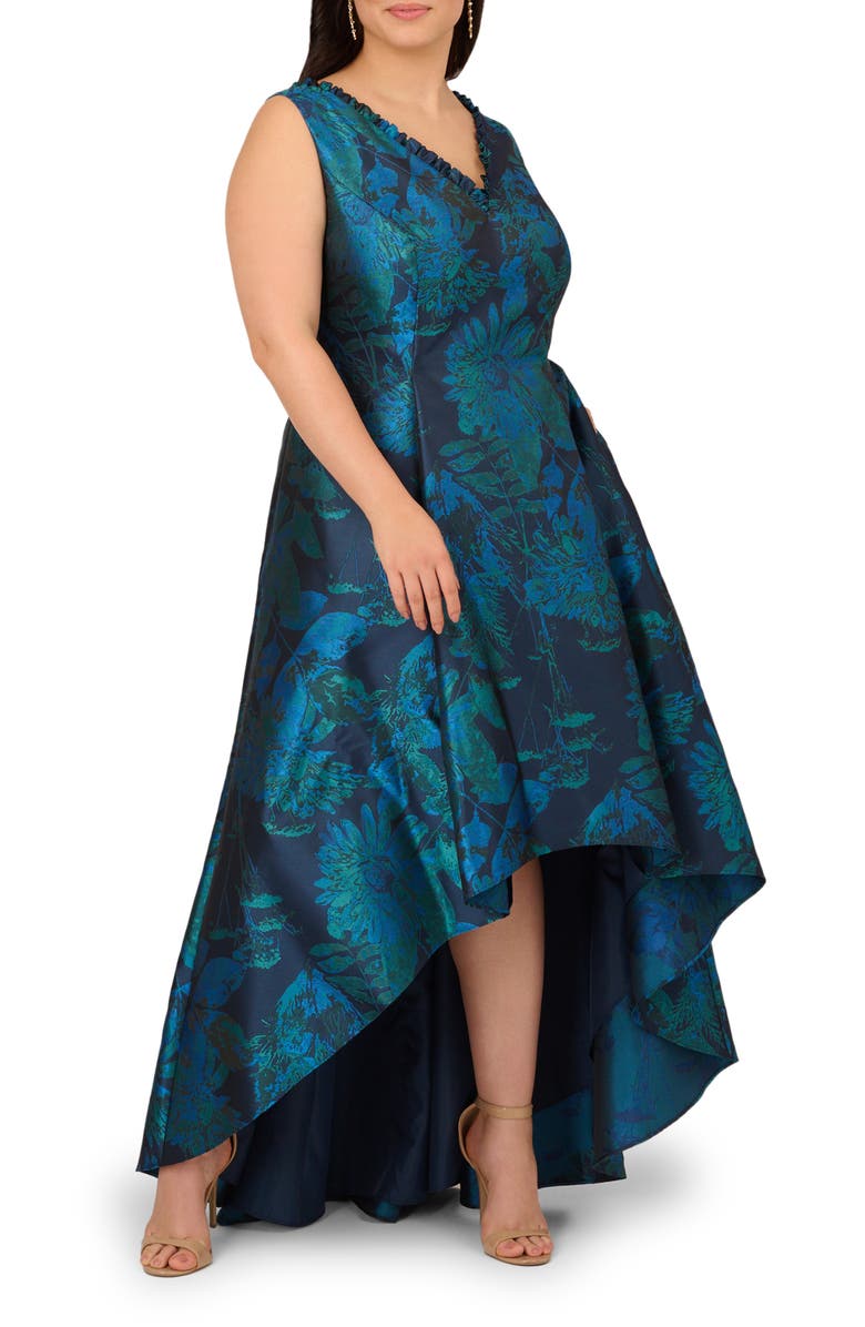 Adrianna Papell Floral Jacquard High-Low Fit & Flare Cocktail Dress, Alternate, color, Cobalt Multi