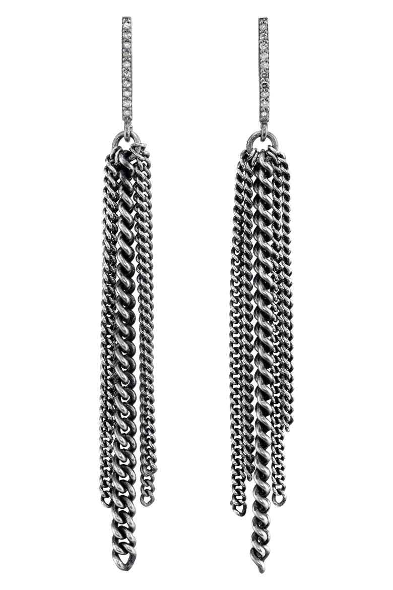 Bar Fringe Earrings with Pavé Diamonds, Main, color, STERLING SILVER
