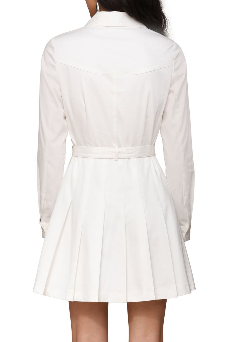 Pleated Belted Long Sleeve Cotton Blend Mini Shirtdress, Alternate, color, WHITE