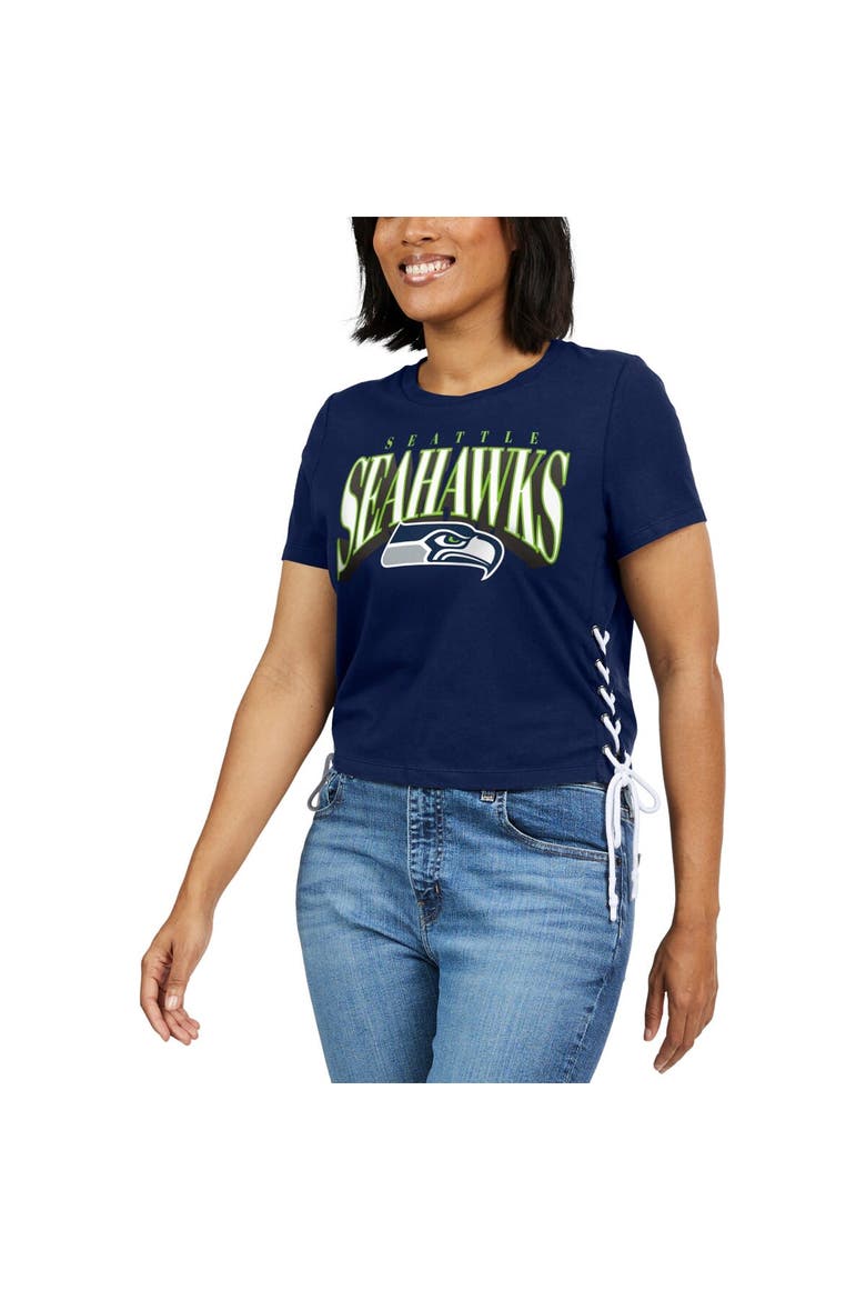 Women's WEAR by Erin Andrews College Navy Seattle Seahawks Lace Up Side Modest Cropped T-Shirt, Alternate, color, Navy