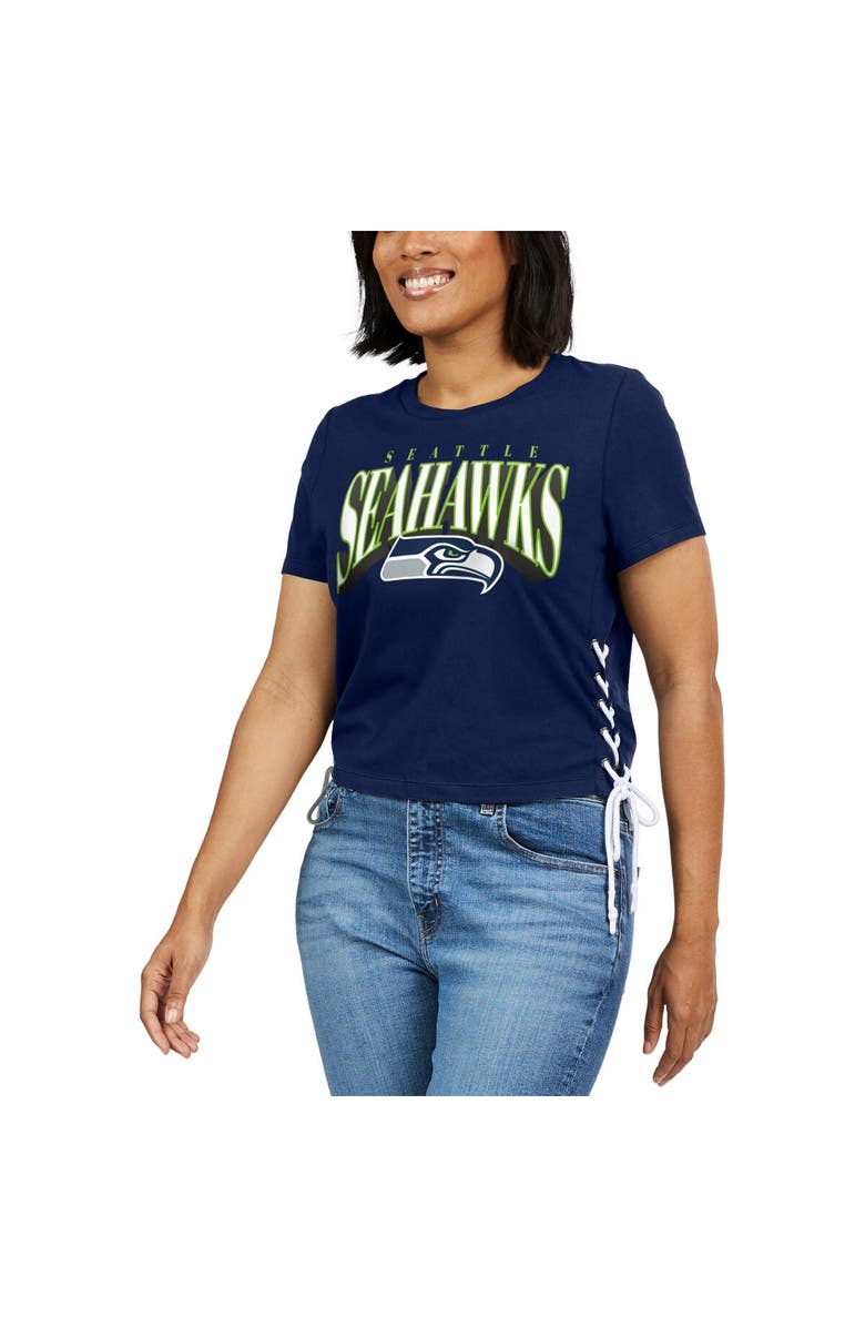 WEAR by Erin Andrews Women's WEAR by Erin Andrews College Navy Seattle Seahawks Lace Up Side Modest Cropped T-Shirt, Alternate, color, Navy