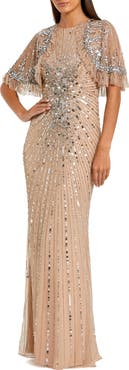 Mac Duggal Beaded Mesh Fitted Capelet Gown