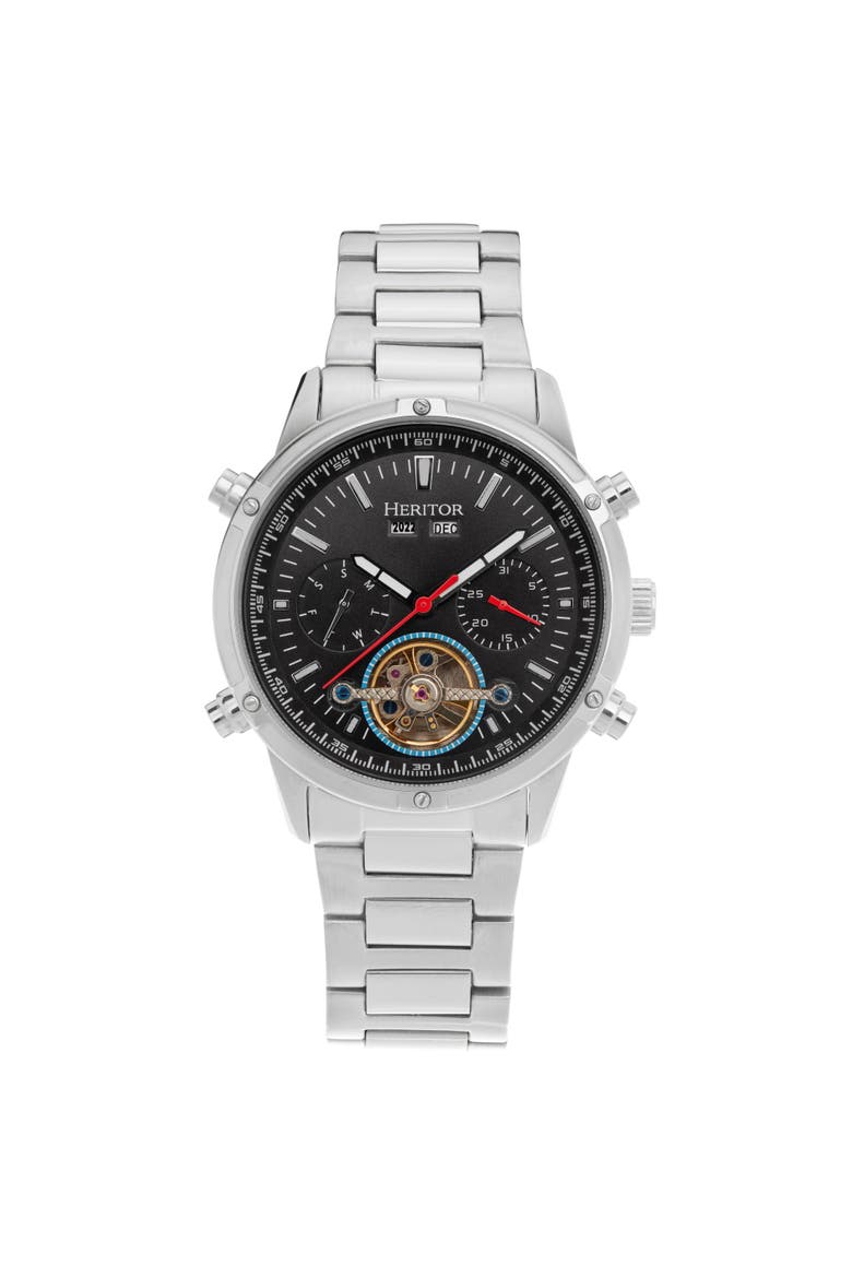 Wilhelm Day-Date Semi Skeleton Automatic Watch w/ Stainless Steel Band, Main, color, Black