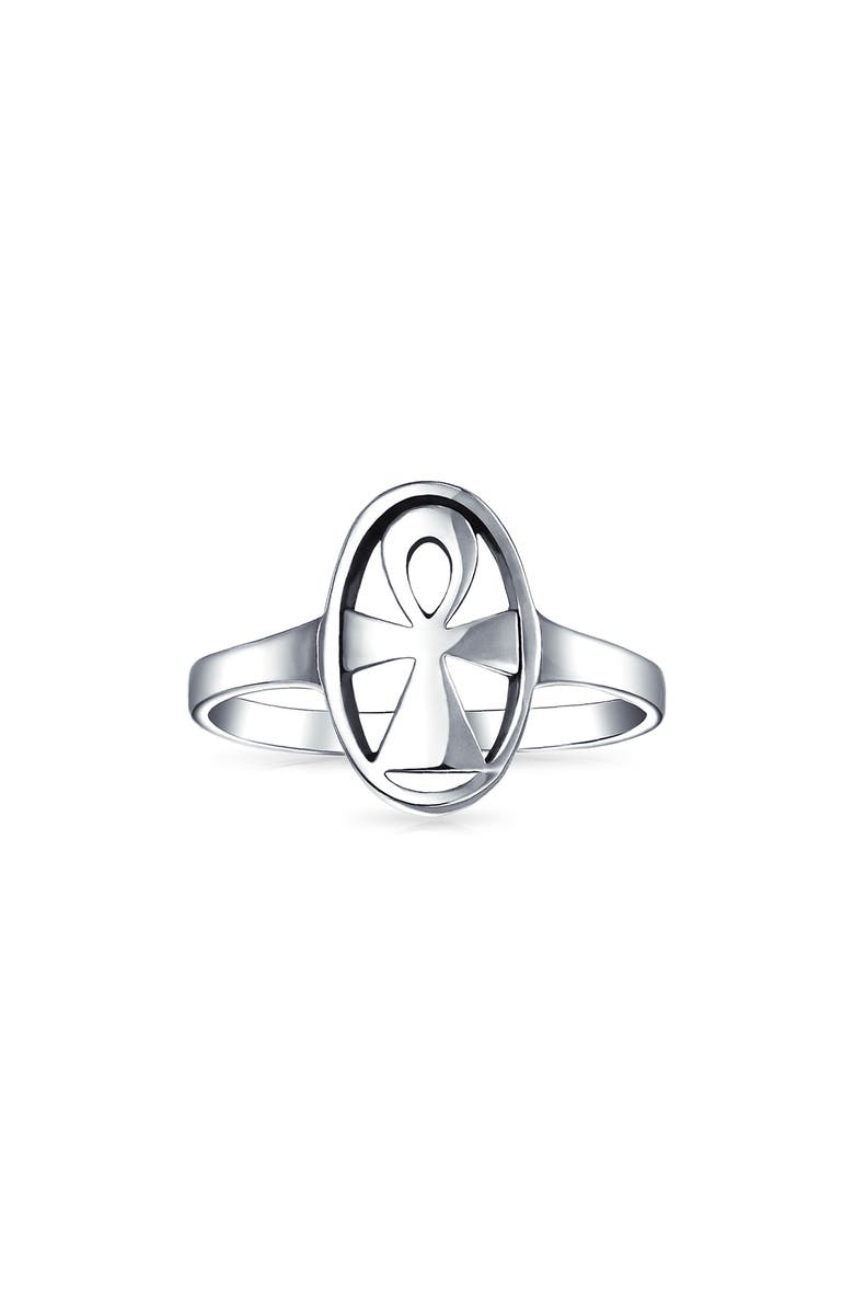 BLING JEWELRY Key of Life Sterling Silver Ankh Signet Ring, Alternate, color, Silver