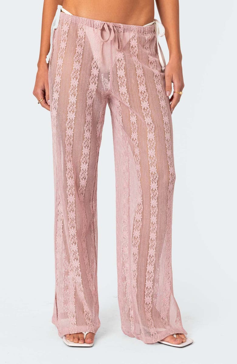EDIKTED Emboidered Sheer Cotton Blend Lace Drawstring Cover-Up Pants, Main, color, Pink
