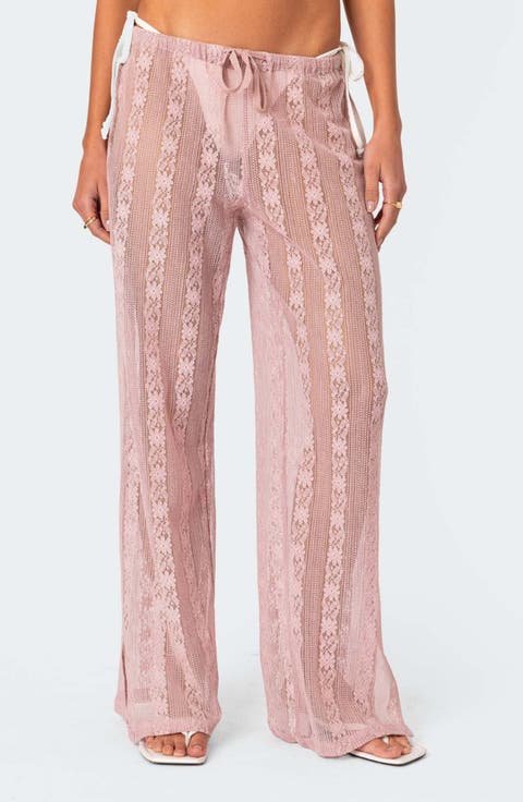 Emboidered Sheer Cotton Blend Lace Drawstring Cover-Up Pants