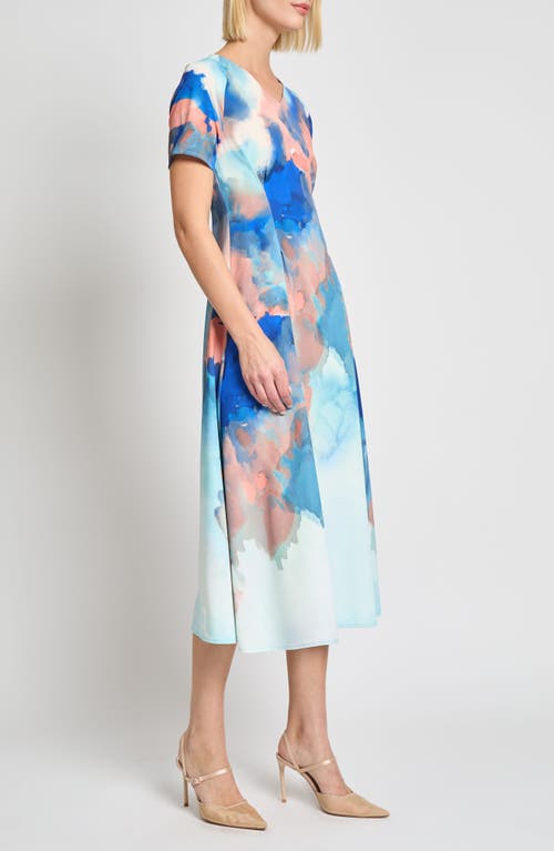 Misook Watercolor Midi Dress In Aegean Blue/aquatic Multi