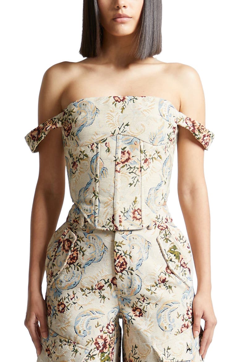 Bonnie Floral Jacquard Bardot Corset Top, Alternate, color, Beige