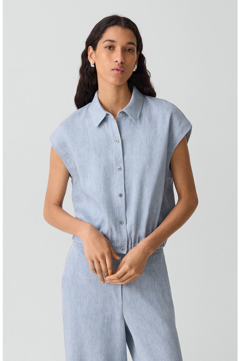 Dolman Sleeve Crop Linen Blend Chambray Button-Up Shirt, Alternate, color, SKY BLUE