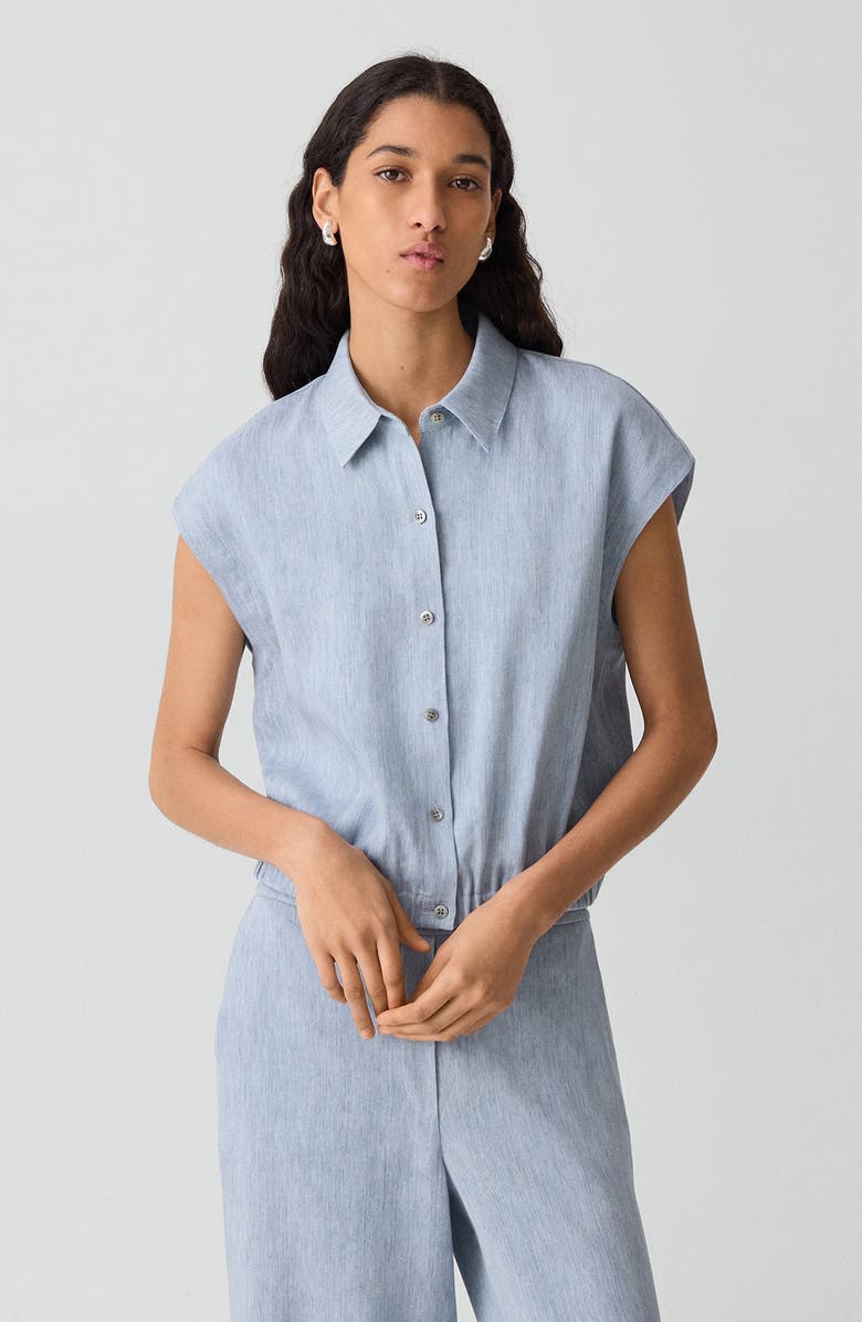 Theory Dolman Sleeve Crop Linen Blend Chambray Button-Up Shirt, Alternate, color, Sky Blue
