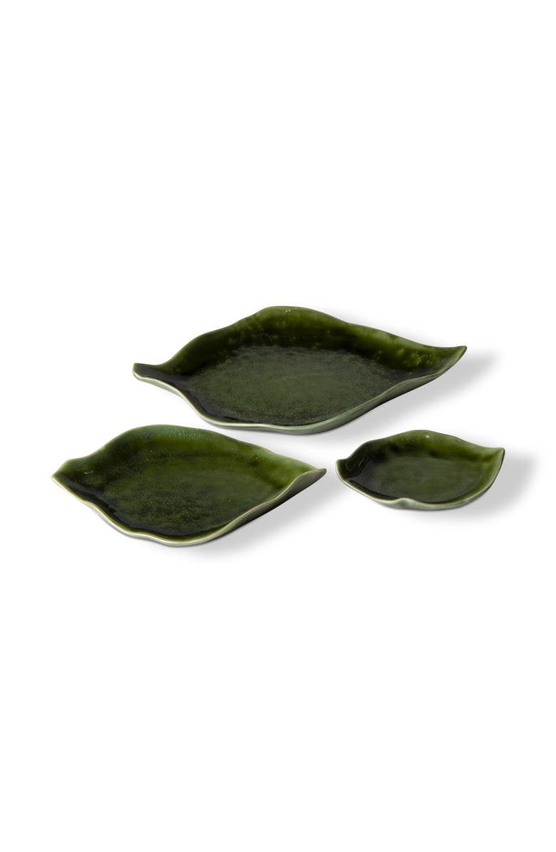 tag Leaf Dish Set of 3 Green Ceramic Serving Platters Bowls, Main, color, Green
