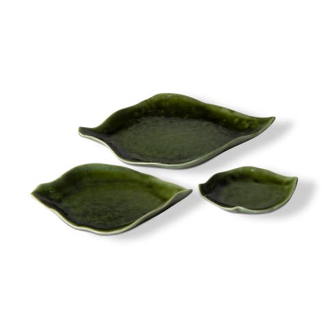 Leaf Dish Set of 3 Green Ceramic Serving Platters Bowls