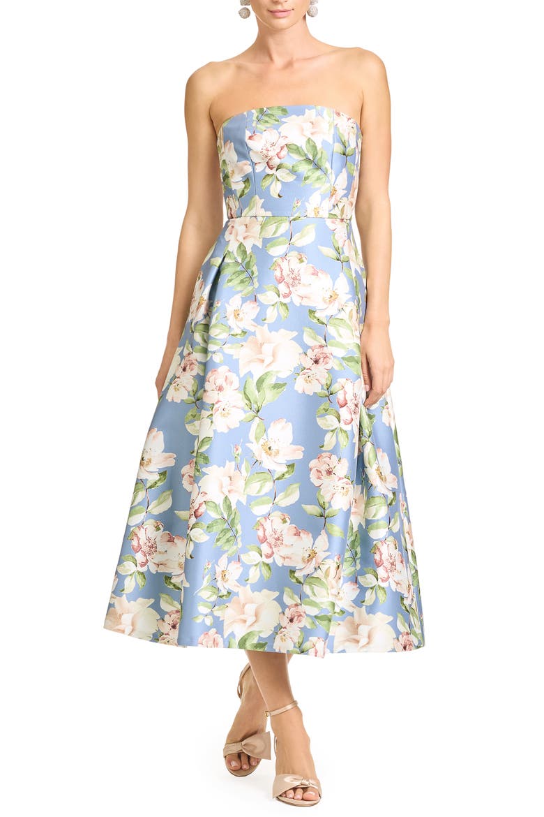 Shay Floral Strapless Cocktail Midi Dress, Main, color, TWILIGHT CAMELLIA