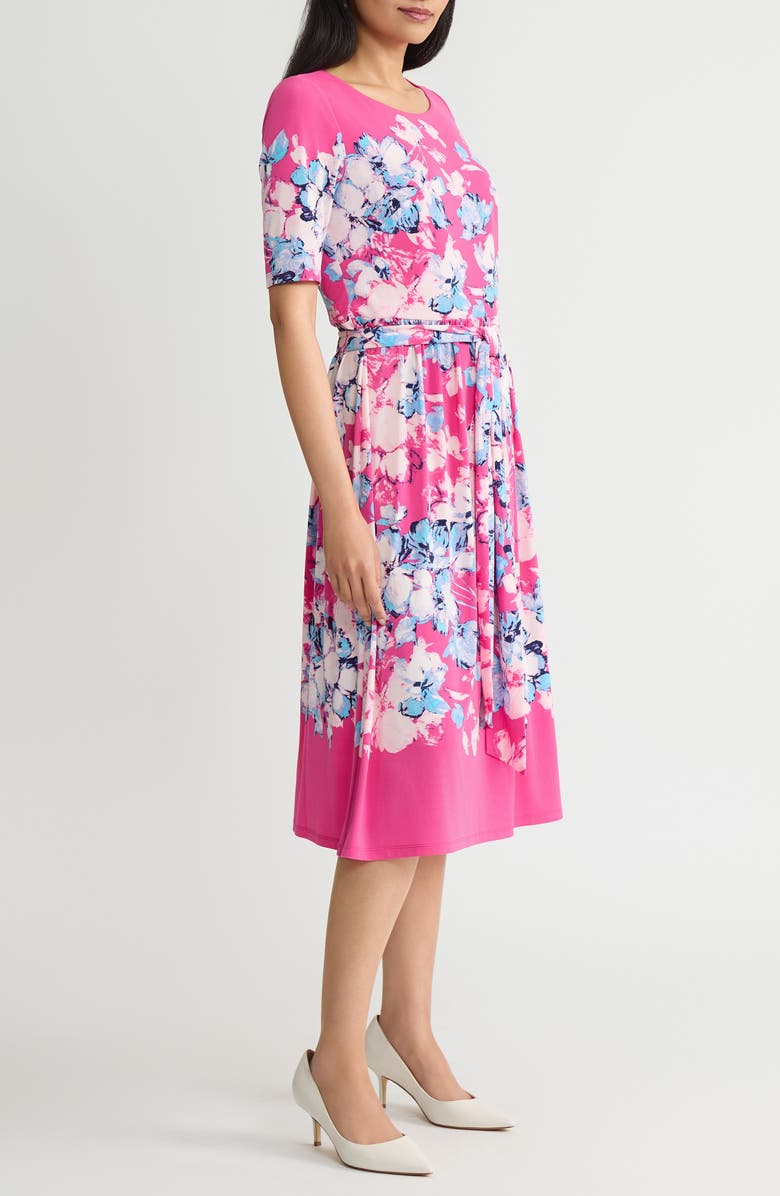 KASPER Floral Shirred Tie Belt Dress, Alternate, color, Pink Perfection Multi