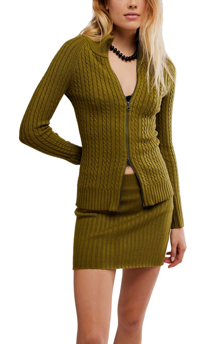 Free People Eliza Cable Zip-Up Cardigan & Rib Miniskirt Set, Alternate, color, Cardamon Seed