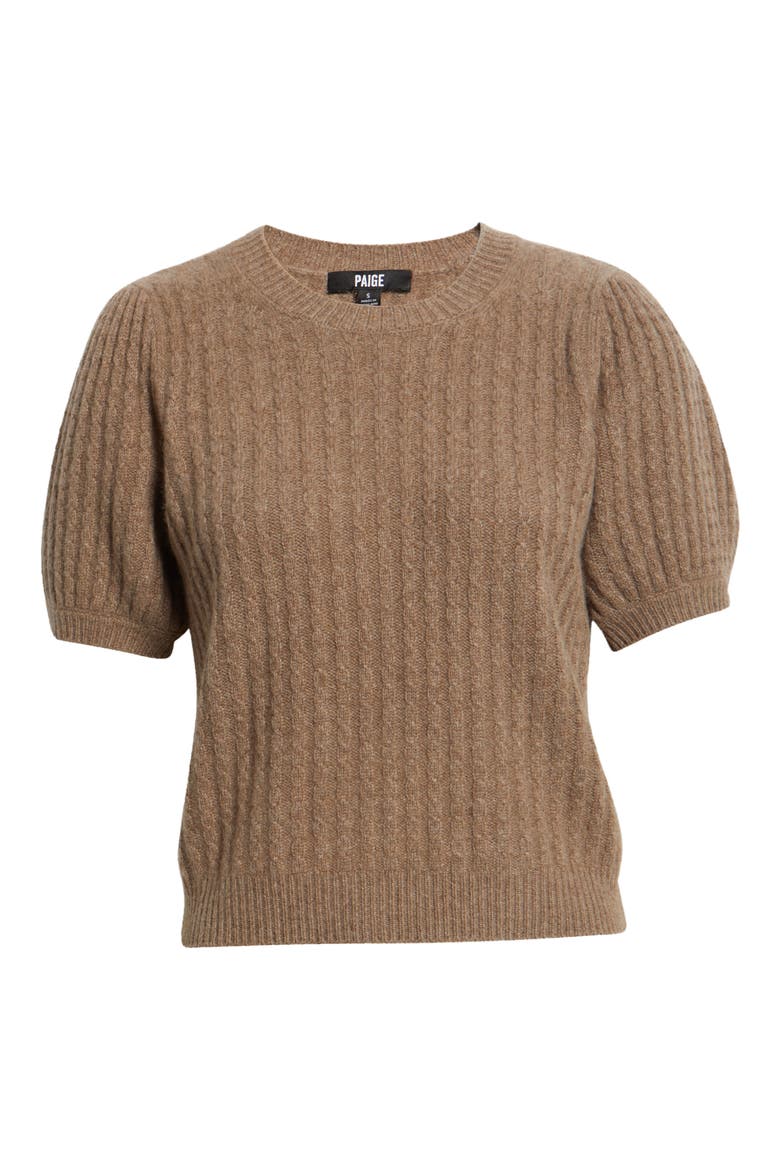 Lucerne Puff Sleeve Cable Knit Cashmere Sweater, Alternate, color, HEATHER BROWN