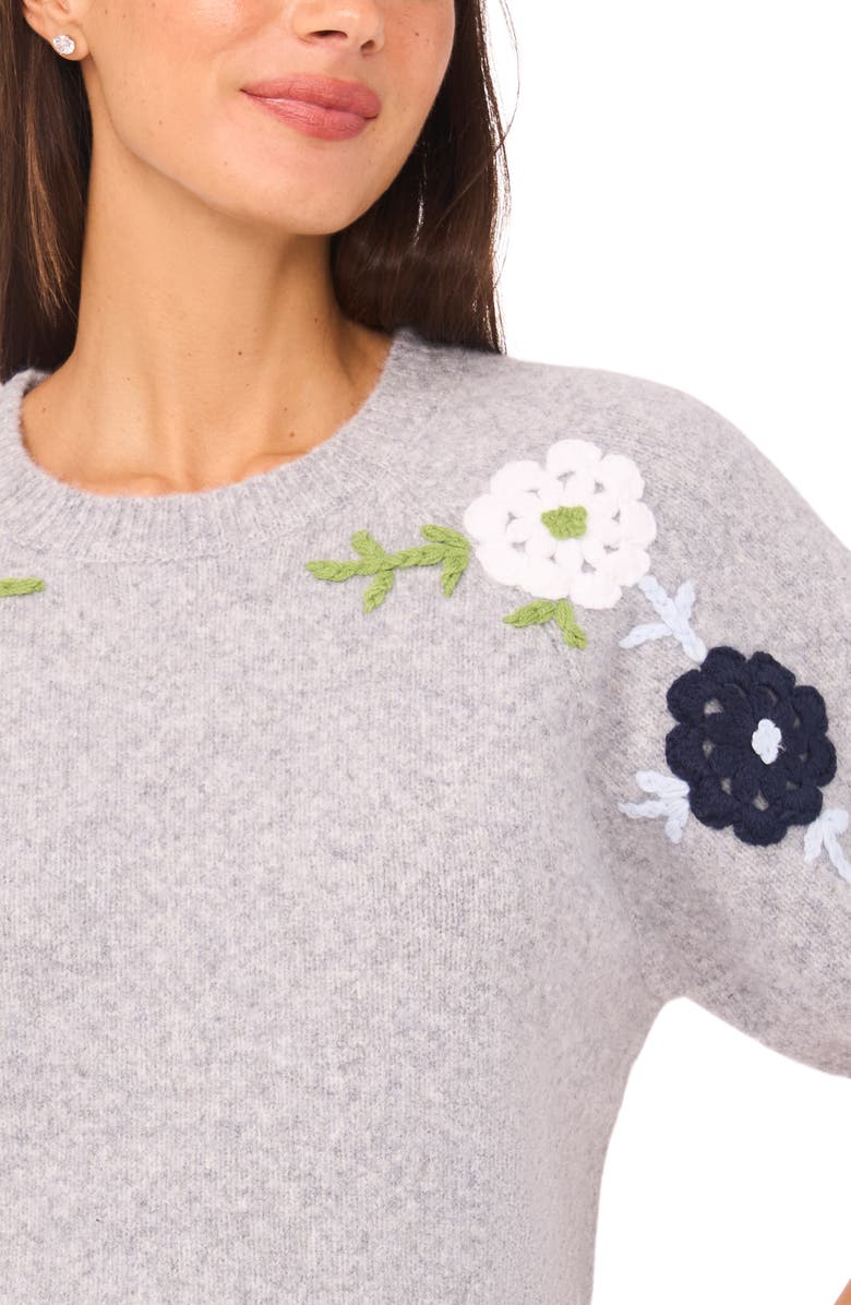 CeCe Floral Embroidered Short Sleeve Sweater, Alternate, color, Light Heather Grey
