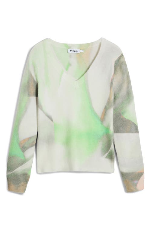 Desigual Abstract Print V-neck Sweater In Green