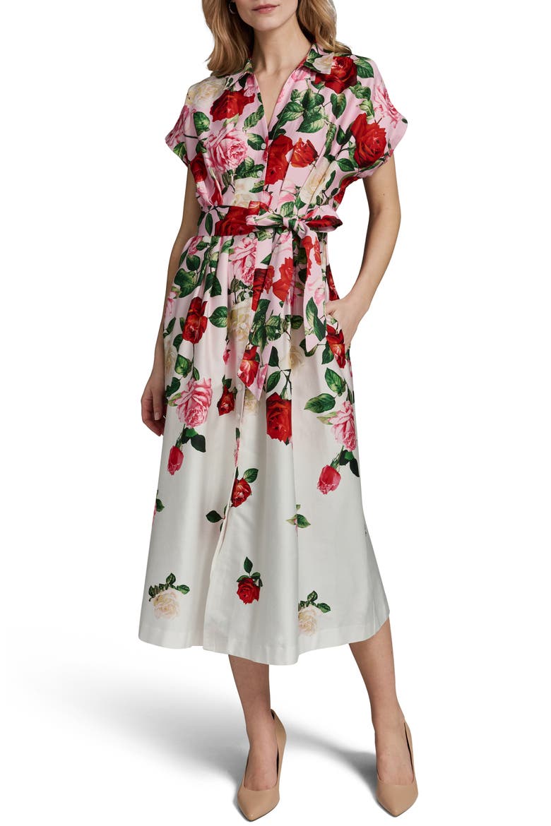 Placed Floral Stretch Cotton Midi Shirtdress, Main, color, CORNELIA ROSE/ SOFT WHIT MULTI