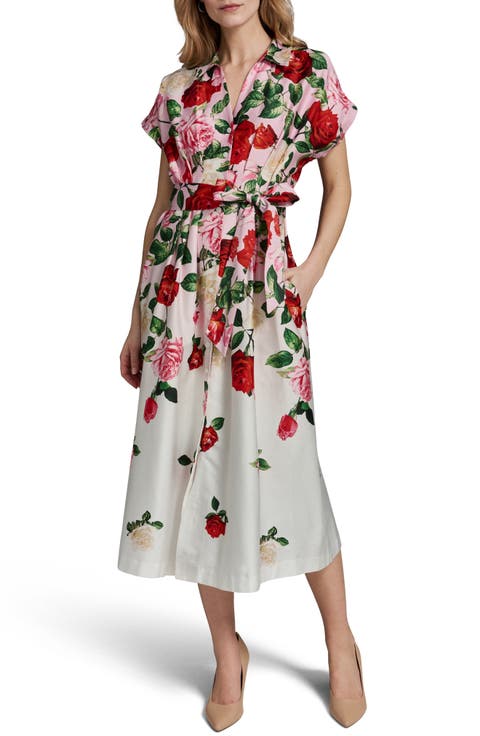 Placed Floral Stretch Cotton Midi Shirtdress