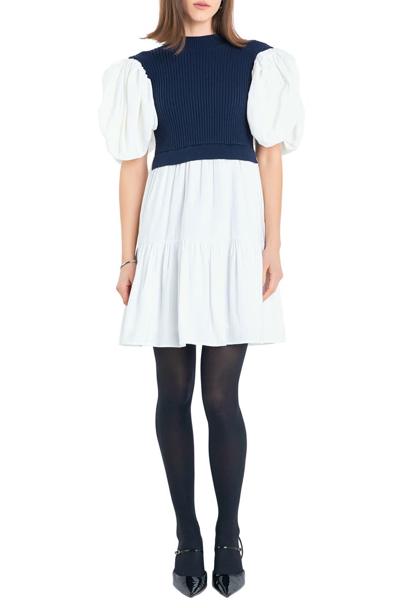 English Factory Puff Sleeve Mixed Media Sweater Dress, Main, color, Navy