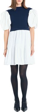 English Factory Puff Sleeve Mixed Media Sweater Dress