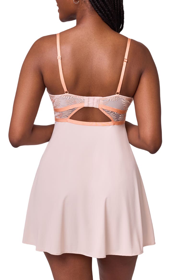 Tangerine Dream Embroidered Sheer Mesh & Microfiber Chemise & G-String Set, Alternate, color, CHAMPAGNE/ TANGERINE
