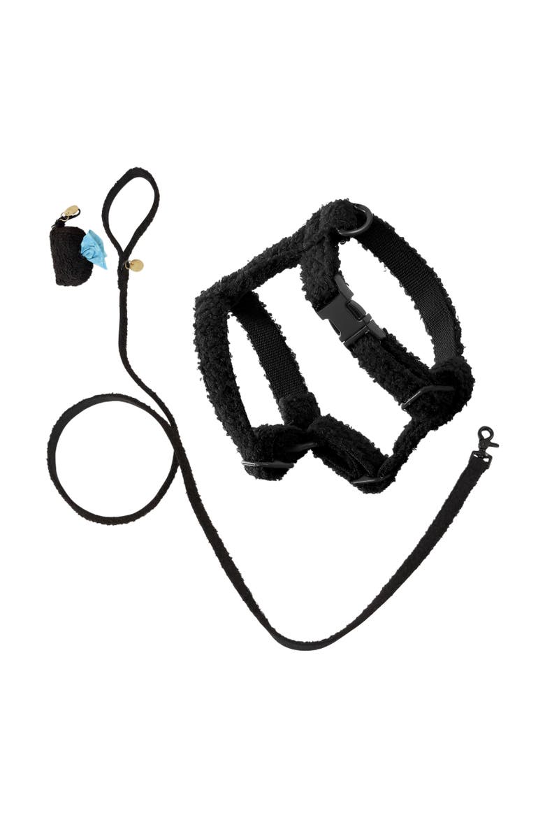 Teddy Bouclé Adjustable H Harness and Leash Walk Set with Poop Bag Pouch, Main, color, Black