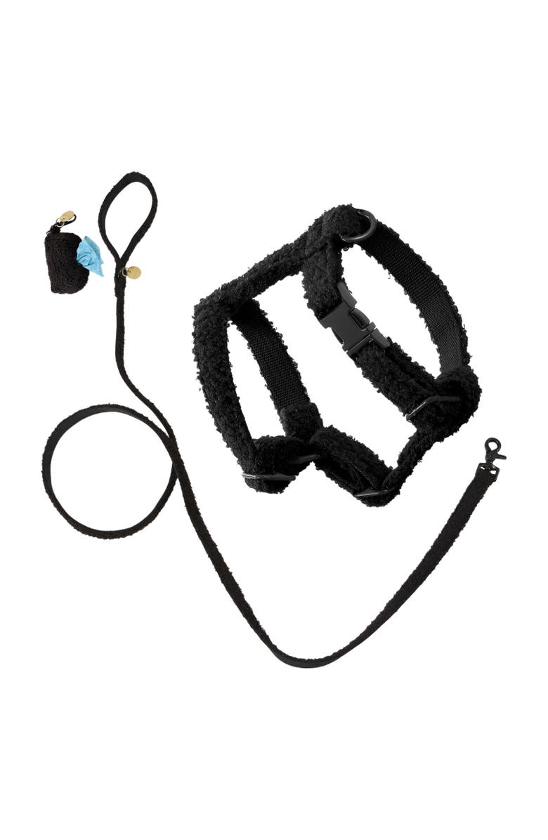 The Licker Store Teddy Bouclé Adjustable H Harness and Leash Walk Set with Poop Bag Pouch, Main, color, Black