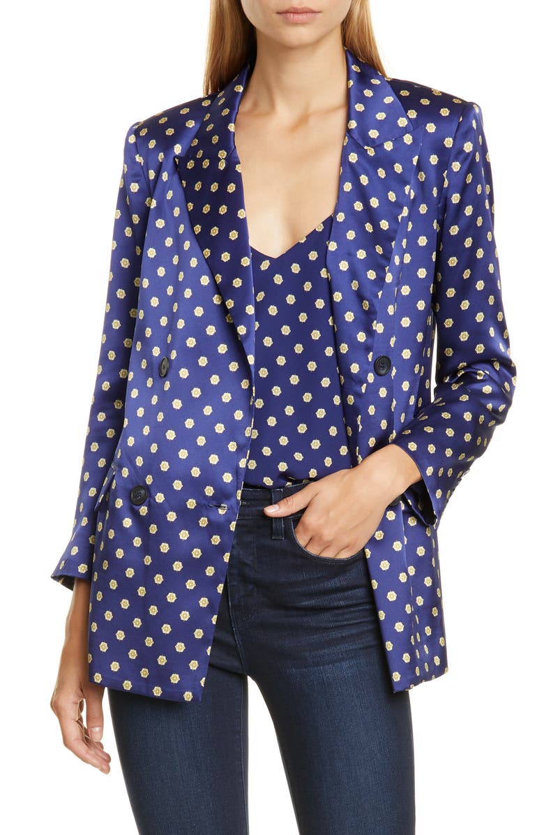 L'AGENCE Taryn Print Silk Satin Double Breasted Blazer, Main, color, 