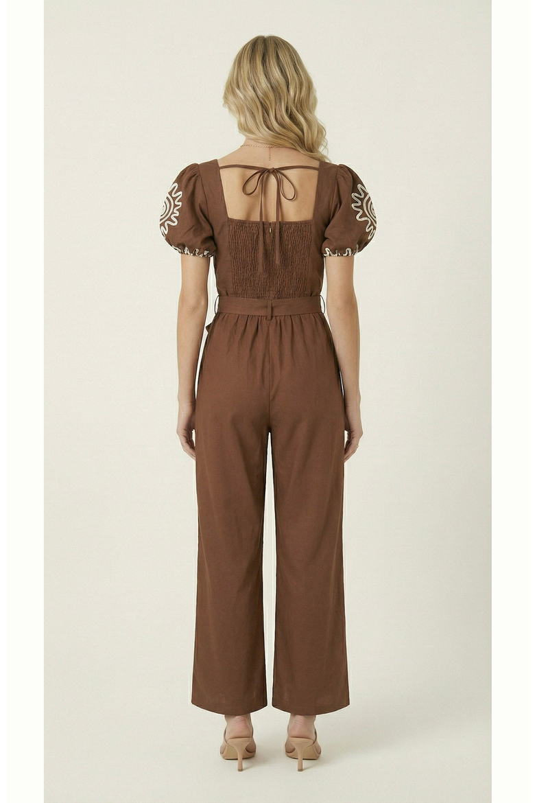 Embroidered Puff Sleeve Jumpsuit, Alternate, color, Chocolate Brown