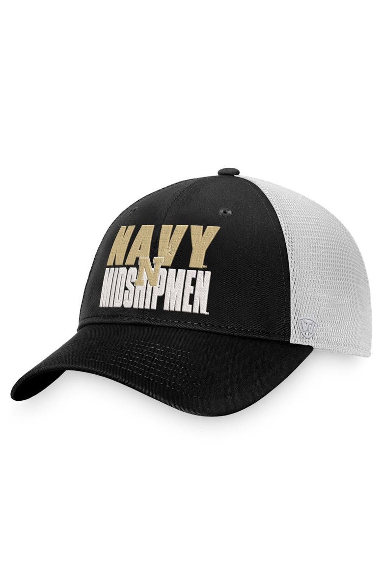 Men's Top of the World Black/White Navy Midshipmen Stockpile Trucker Snapback Hat, Main, color, Black