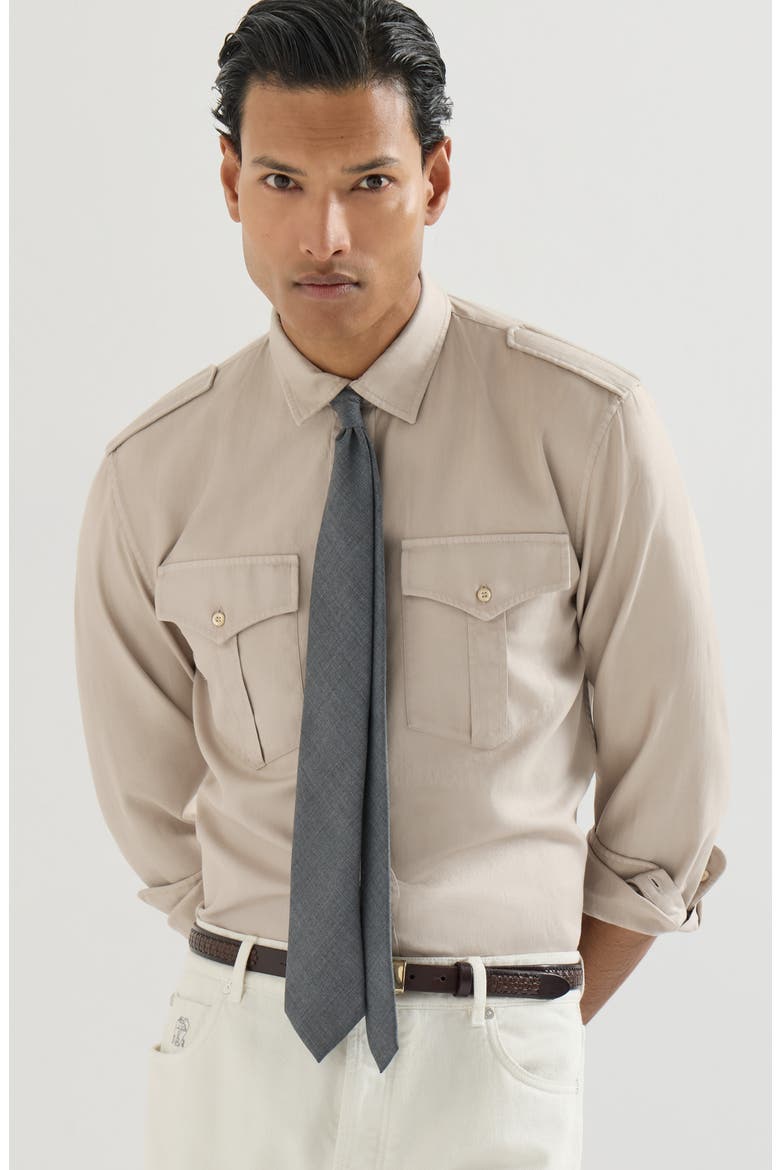 Garment-dyed shirt in cotton chevron with spread collar, epaulettes and chest pockets, Alternate, color, White