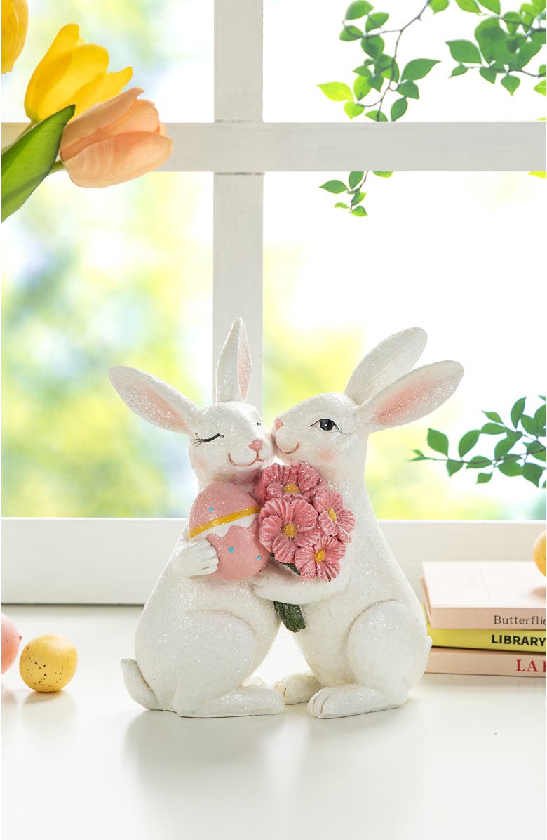 Glitzhome 7"H Easter Loving Bunny Resin Table Decor, Alternate, color, White