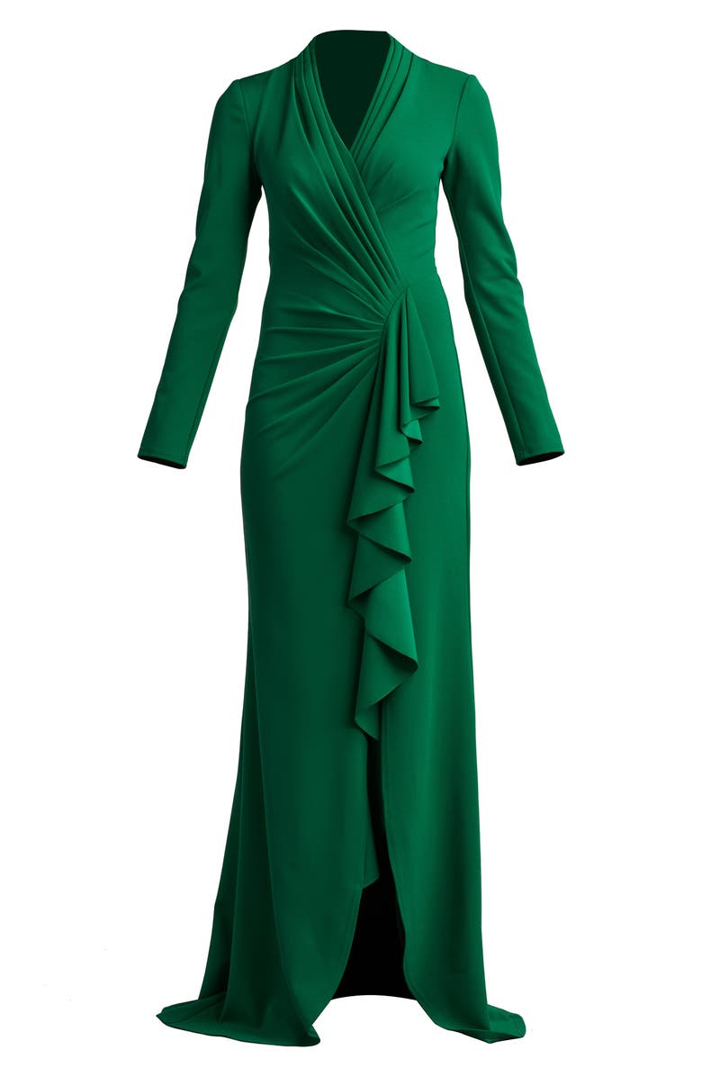 Tadashi Shoji Drape Ruffle Long Sleeve Stretch Crepe Gown, Alternate, color, 