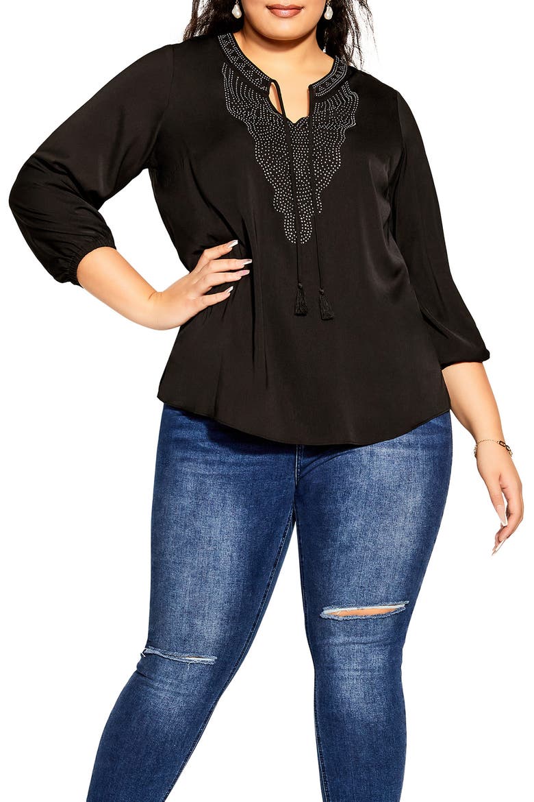 Embellished Split Neck Blouse, Main, color, BLACK