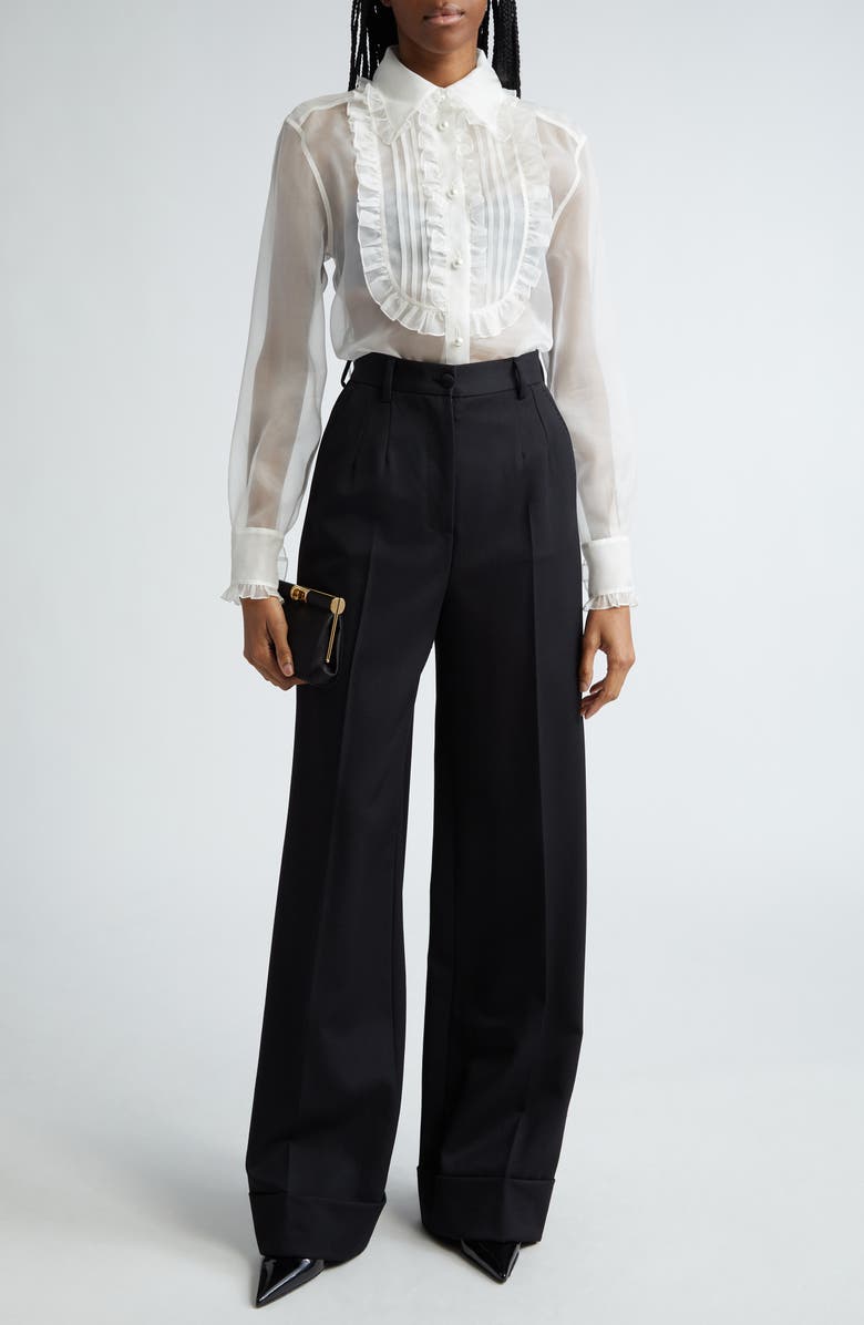 Dolce&Gabbana Ruffle Bib Silk Button-Up Shirt, Alternate, color, W0001 Bianco Naturale