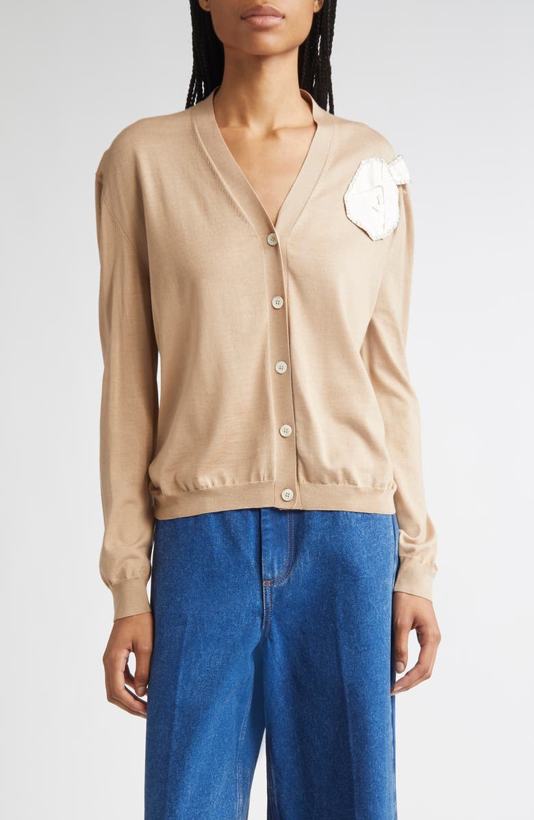 Marni Rose Appliqué Virgin Wool & Silk Cardigan, Main, color, 00W32 Moccasin