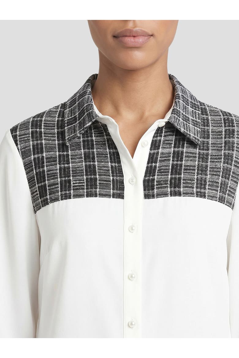Mixed Media Plaid Crepe de Chine Blouse, Alternate, color, White/Black