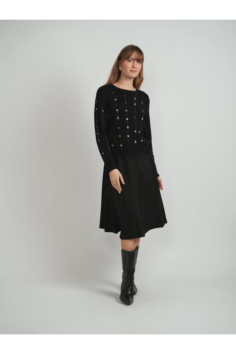 Embroidered Cable Floral Accent Knit Sweater, Alternate, color, Black