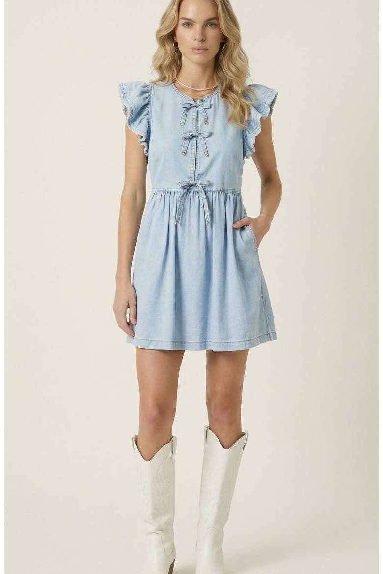 Sleeveless Ruffle Denim Mini Dress, Main, color, Light Wash Blue