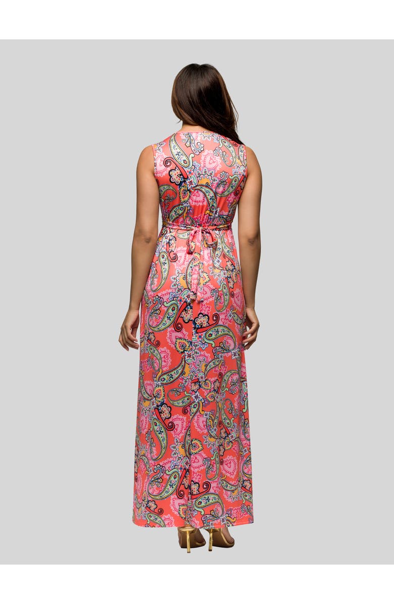 24seven Comfort Apparel Pink Paisley Print V-Neck Empire Waist Sleeveless Maxi Dress, Alternate, color, Pink Multi