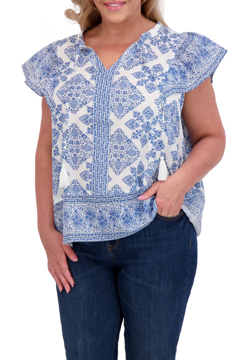Ruffle Print Top, Main, color, BLUE COMBO