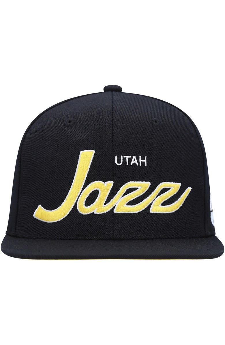 Mitchell & Ness Men's Mitchell & Ness Black Utah Jazz Hardwood Classics Script 2.0 Snapback Hat, Alternate, color, Black